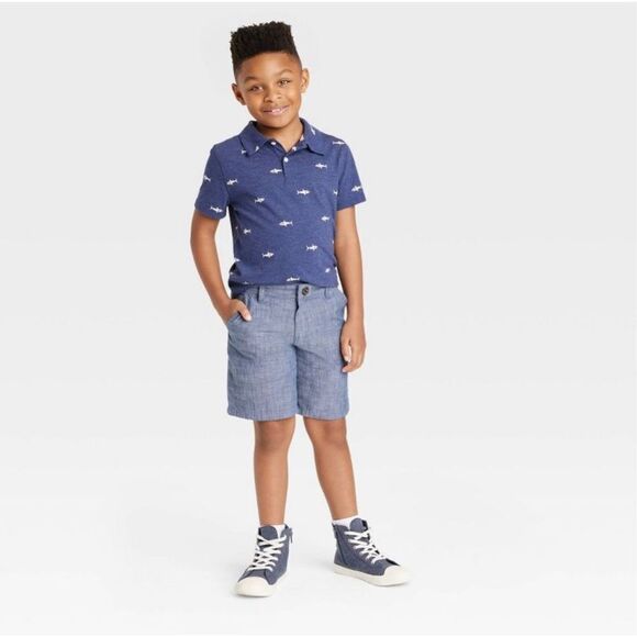 Cat & Jack Blue Chambray Boys’ Flat Front Above The Knee Shorts Size 7 - Picture 1 of 3